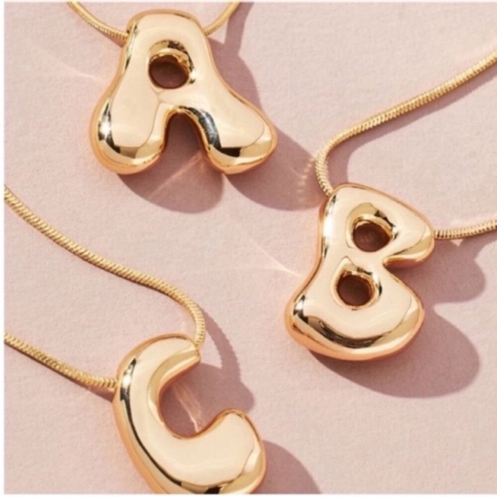 New! Anthropologie Gold Bubble Monogram Initial Letter Necklace NWOT - Picture 2 of 2